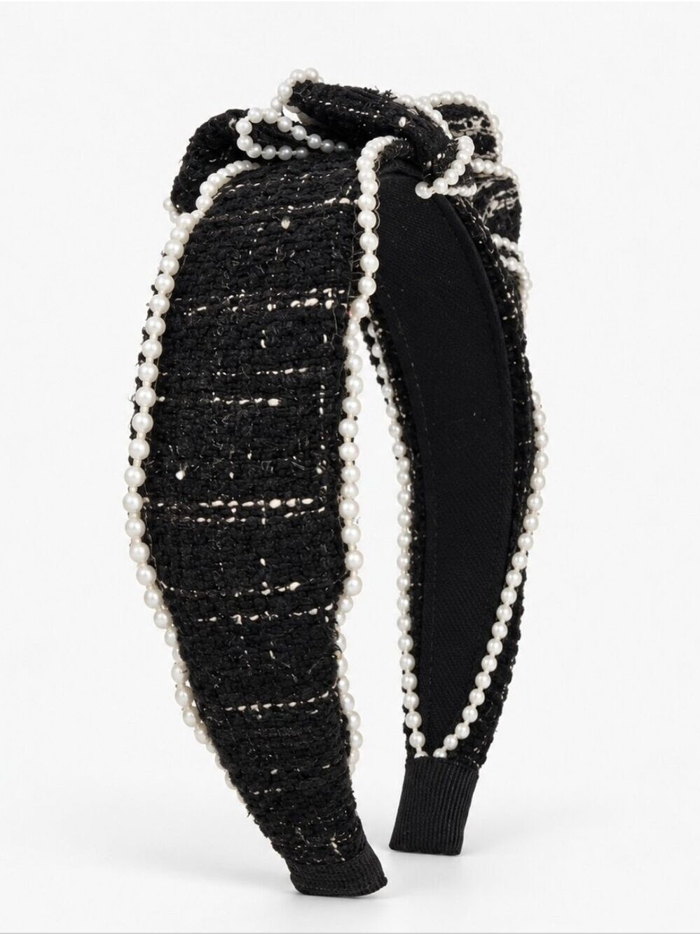 Black Tweed Pearl Flower Statement Headband - Picture 2 of 3